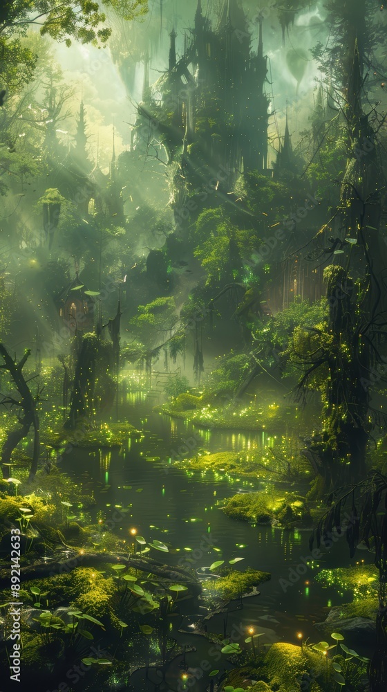 A mystical swamp with glowing fog, floating islands of moss, and luminescent flora A mystical swamp with glowing fog, floating islands of moss, and luminescent flora