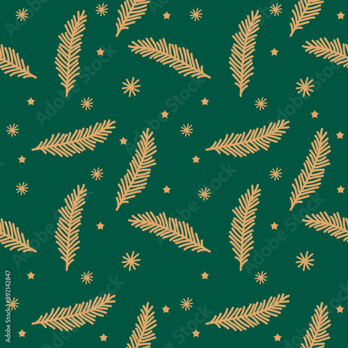 Seamless pattern with fir branches. Green Christmas background with gold pattern. Background with snowflakes and Christmas tree branches.