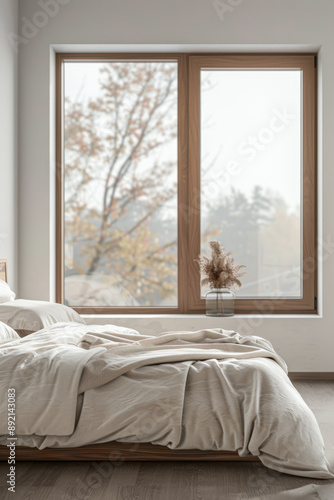 Contemporary bedroom interiors in beige colors with a bed next to a large window. Interiors design composition with minimal furniture and copy space.