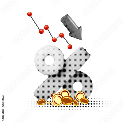 Wallpaper Mural Price low down halftone 3D concept with percent icon. graph and down arrow. Interest low price, percent discount icon, reduction,arrow decrease Torontodigital.ca