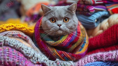 Dissatisfied cat scottish fold sits proudly in a stack of multi colored knitted scarves photo