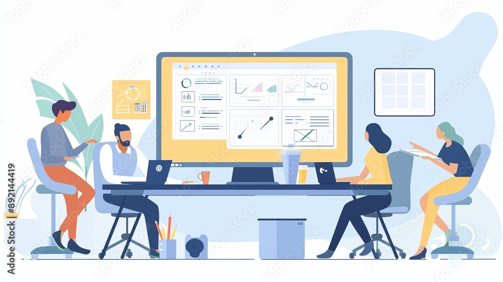 Fototapeta premium A collaborative team working on a project, reviewing documents and using a large monitor, coffee cups and office supplies on the table, and a productive atmosphere