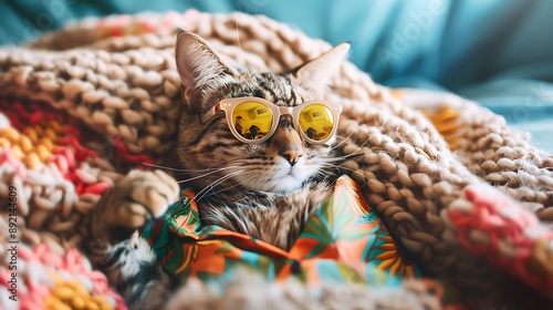 Domestic shorthair cat in Hawaiian shirt wearing sunglasses lying and relaxing on knitted woolen chunky blanket photo