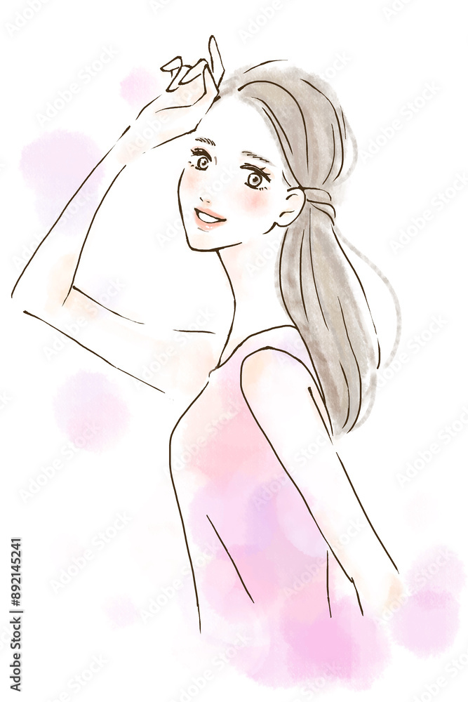 横向きにポーズをとる女性のイラスト 笑顔