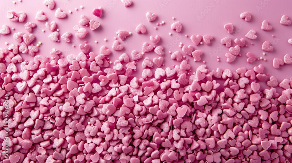 Obraz premium Trendy flat lay of shining silver and candy pink hearts background made from cake sprinkles, suitable for feminine bloggers or festive themes like love and Valentine's Day.