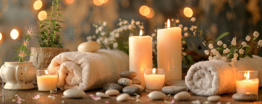 Luxury spa setting with candles, stones, and flowers, relaxing ambiance, copy space, perfect for beauty and wellness advertisements. Luxury spa setting with candles, stones, and flowers, relaxing ambiance, copy space, perfect for beauty and wellness advertisements.