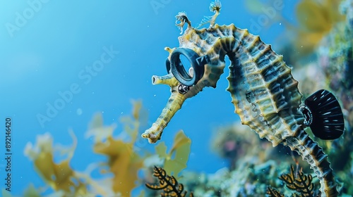 Fototapeta Naklejka Na Ścianę i Meble -  seahorse as a deep-sea diver, with scuba gear, on a coral reef blue backdrop