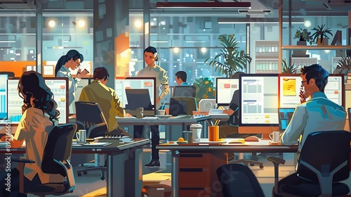 A modern office with employees diligently working on their computers, some on phone calls, others typing emails, coffee mugs and office supplies on their desks, and a printer in the background