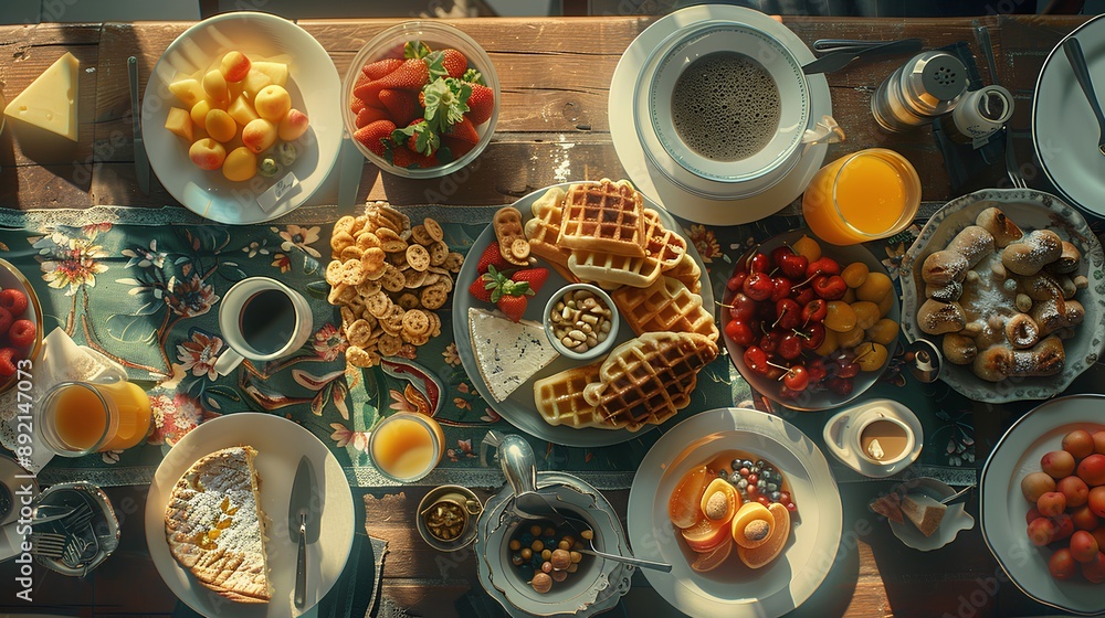 breakfast table full of various dishes. Belgian waffles, jam, nuts, fresh juice, sliced fruits, cheese platter, and a pot of hot coffee on breakfast table breakfast table full of various dishes. Belgian waffles, jam, nuts, fresh juice, sliced fruits, cheese platter, and a pot of hot coffee on breakfast table