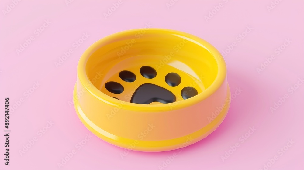 Paw print icon on a yellow pet food bowl, isolated on a pink background. Minimalist design. 3D illustration, 3D render. Paw print icon on a yellow pet food bowl, isolated on a pink background. Minimalist design. 3D illustration, 3D render.
