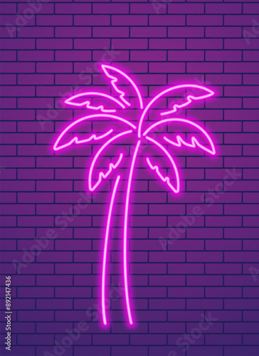 Abstract pink palm tree, neon glowing illustration. Minimalistic pink neon glowing line design.