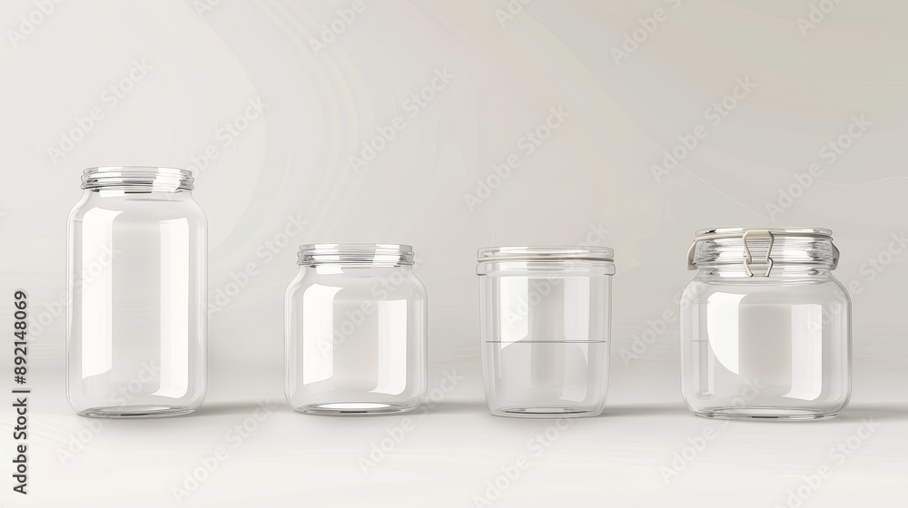 Realistic and detailed 3D empty glass jars in different sizes. Vector illustration of jars. Realistic and detailed 3D empty glass jars in different sizes. Vector illustration of jars.