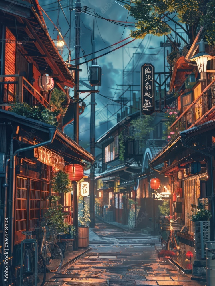 a beautiful japanese tokyo city town in the evening. houses at the street. anime comics artstyle. cozy lofi asian architecture. 16:9 4k resolution. Generative AI a beautiful japanese tokyo city town in the evening. houses at the street. anime comics artstyle. cozy lofi asian architecture. 16:9 4k resolution. Generative AI