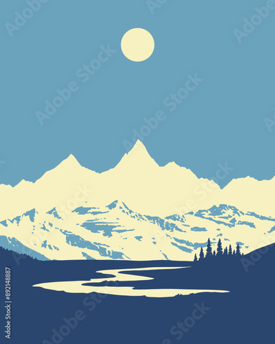 Snowy Mountain Landscape National Park Nature Blue Flat Minimalist Vector Illustration