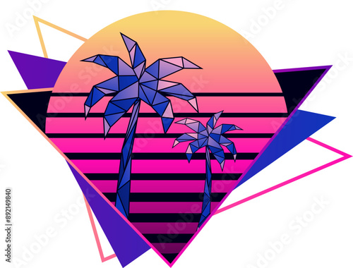 Abstract illustration of retrowave palm trees and sun in the neon triangle. Synthwave style 1980 retro cyberpunk design.