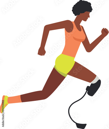 Illustration of a dark skinned woman running competition with leg prostheses in an orange tank top and green shorts. Running paralympic athlete flat design illustration.