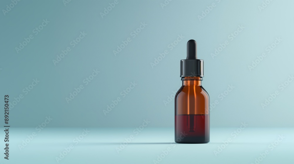 Amber Glass Dropper Bottle on Blue Background Amber Glass Dropper Bottle on Blue Background