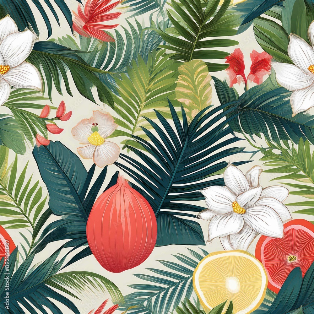 Fototapeta premium a vibrant and unique tropical pattern featuring lush palm leaves, exotic flowers, leaf