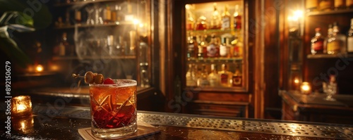 Retro speakeasy with a hidden door, classic cocktails being served, ambient lighting and vintage decor, copy space, ideal for nostalgic and secretive nightlife content.