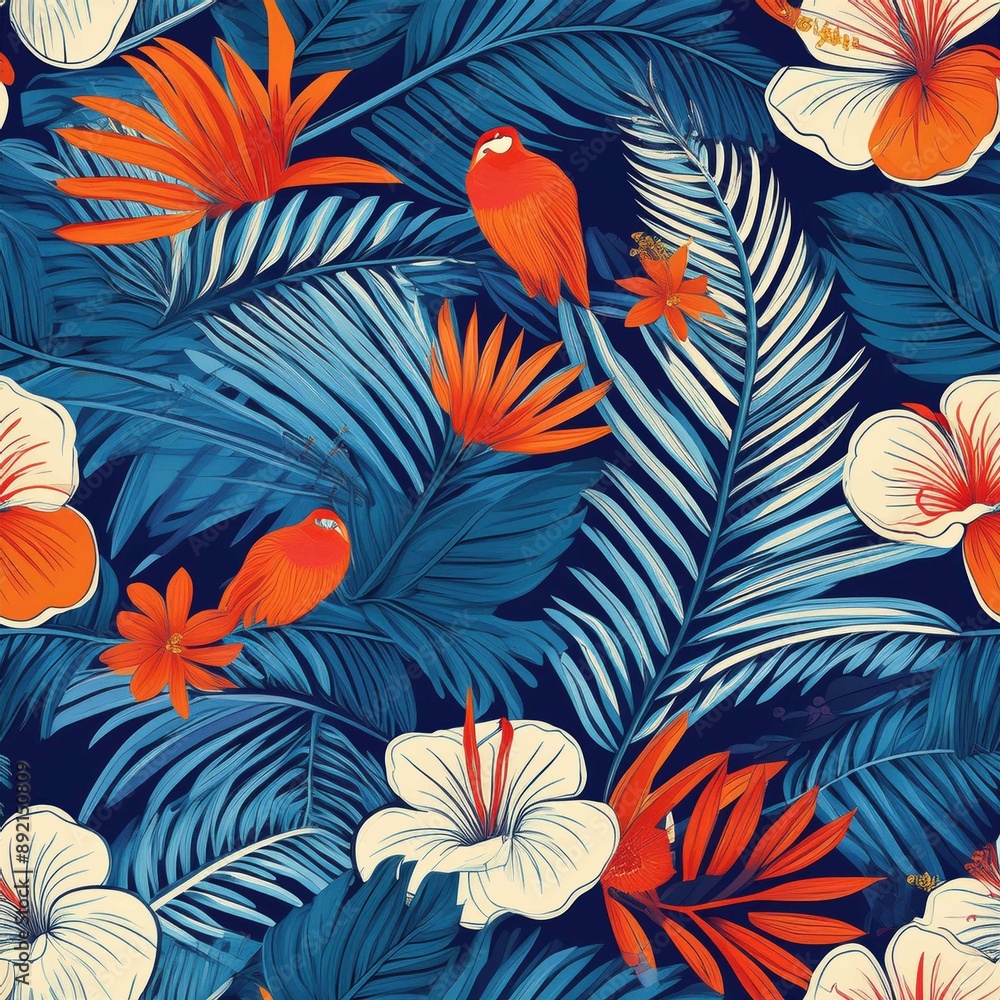 a vibrant and unique tropical pattern featuring lush palm leaves, exotic flowers, leaf a vibrant and unique tropical pattern featuring lush palm leaves, exotic flowers, leaf