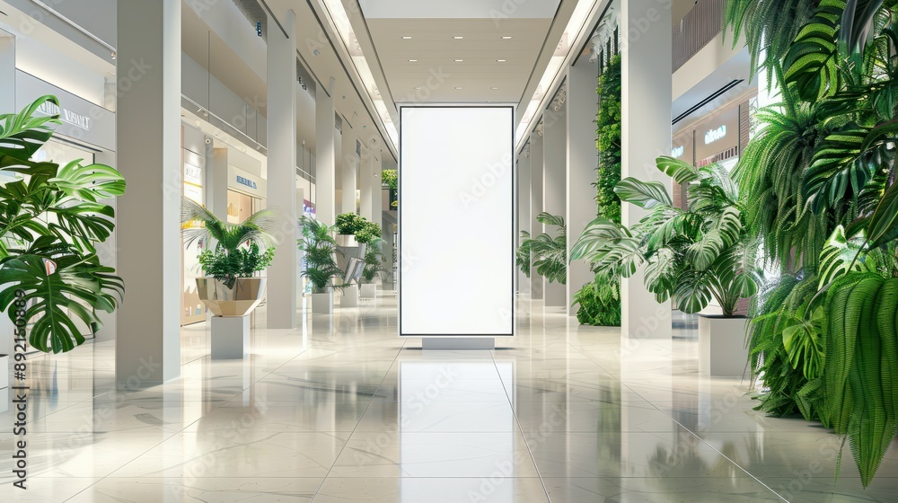 Empty advertising stand in mall's central aisle with greenery Empty advertising stand in mall's central aisle with greenery
