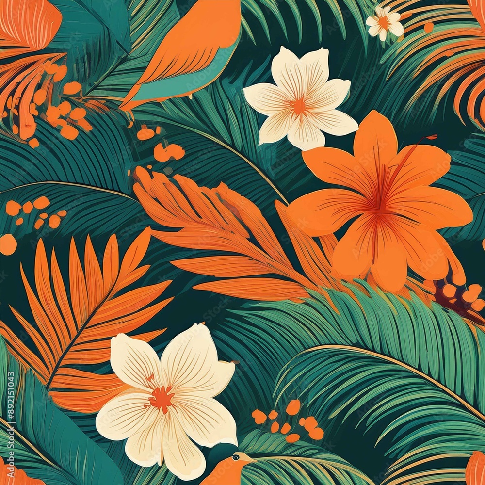 a vibrant and unique tropical pattern featuring lush palm leaves, exotic flowers, leaf a vibrant and unique tropical pattern featuring lush palm leaves, exotic flowers, leaf