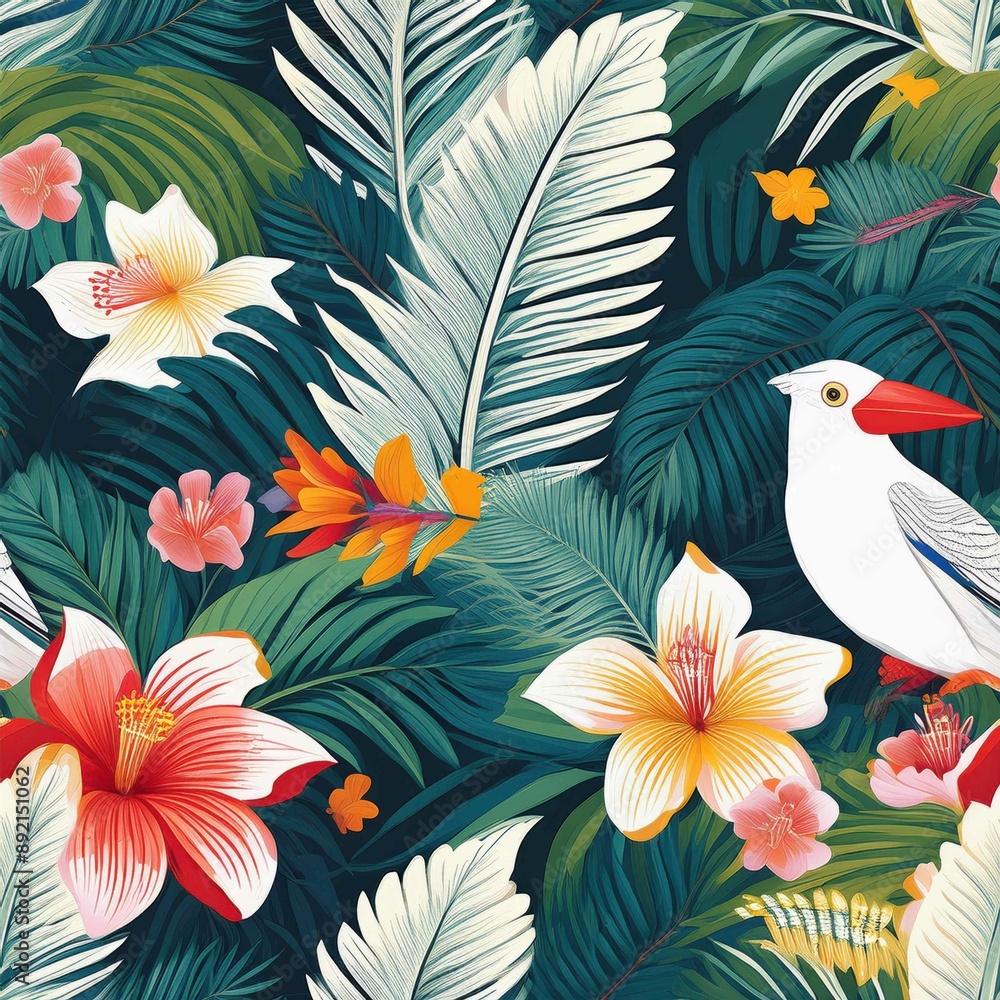 Obraz premium a vibrant and unique tropical pattern featuring lush palm leaves, exotic flowers, leaf