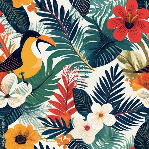 a vibrant and unique tropical pattern featuring lush palm leaves, exotic flowers, leaf
