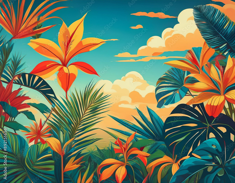 Illustration of Tropical Plants with Large Leaves and Bright Flowers Against a Blue Sky Illustration of Tropical Plants with Large Leaves and Bright Flowers Against a Blue Sky