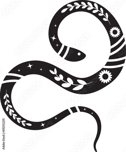Twisted snake silhouette with leaves and flowers. Boho serpent with floral elements, decorative illustration.
