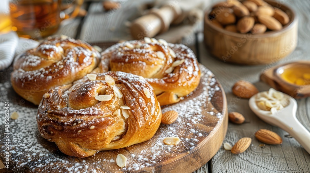 Sweet bun with honey almonds on white wood side view copy space Sweet bun with honey almonds on white wood side view copy space