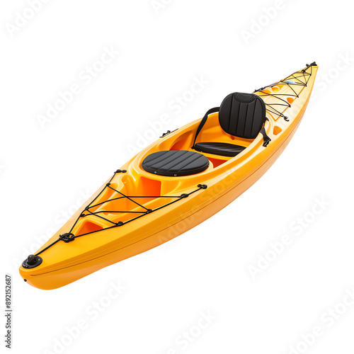 Bright yellow kayak isolated on white background. Single person kayak for outdoor water adventures, sports, and leisure activities.