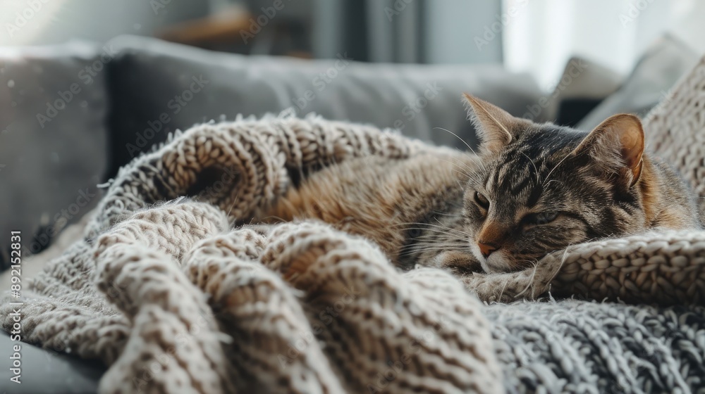 Cat resting on knitted blanket Seasonal home aesthetic Lifestyle elements in living room Cat resting on knitted blanket Seasonal home aesthetic Lifestyle elements in living room