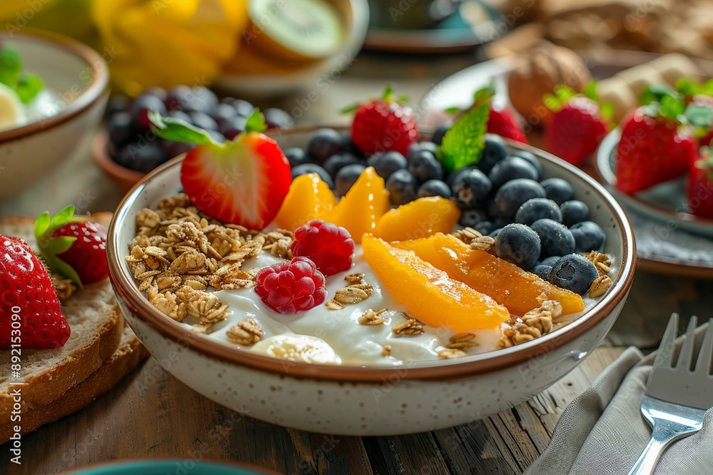 Super High Resolution of A colorful and healthy breakfast spread on a table, including fruits, yogurt, granola, and wholewheat toast Soft morning light Super High Resolution of A colorful and healthy breakfast spread on a table, including fruits, yogurt, granola, and wholewheat toast Soft morning light