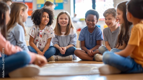Young children in an elementary school classroom engage in a joyful group activity, sitting cross-legged on the floor in a circle, community and friendship as they laugh and interact with one another