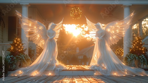 Illuminated Angel Statues on Porch at Sunset