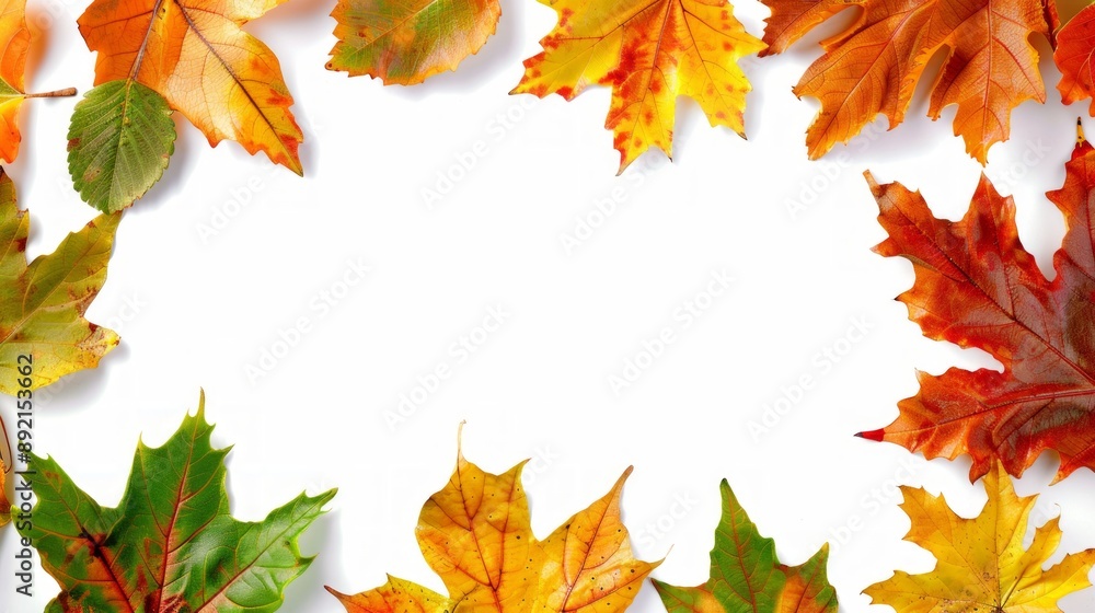 Fototapeta premium Design a whimsical leaf frame featuring playful, brightly colored autumn leaves, all set on a crisp white background.
