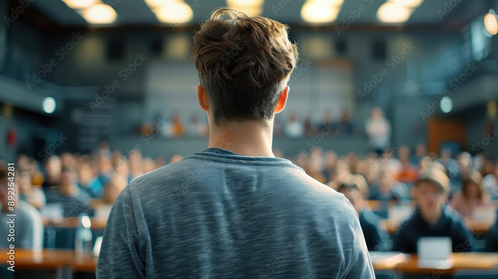 Fototapeta premium A college professor debates a controversial topic with students.