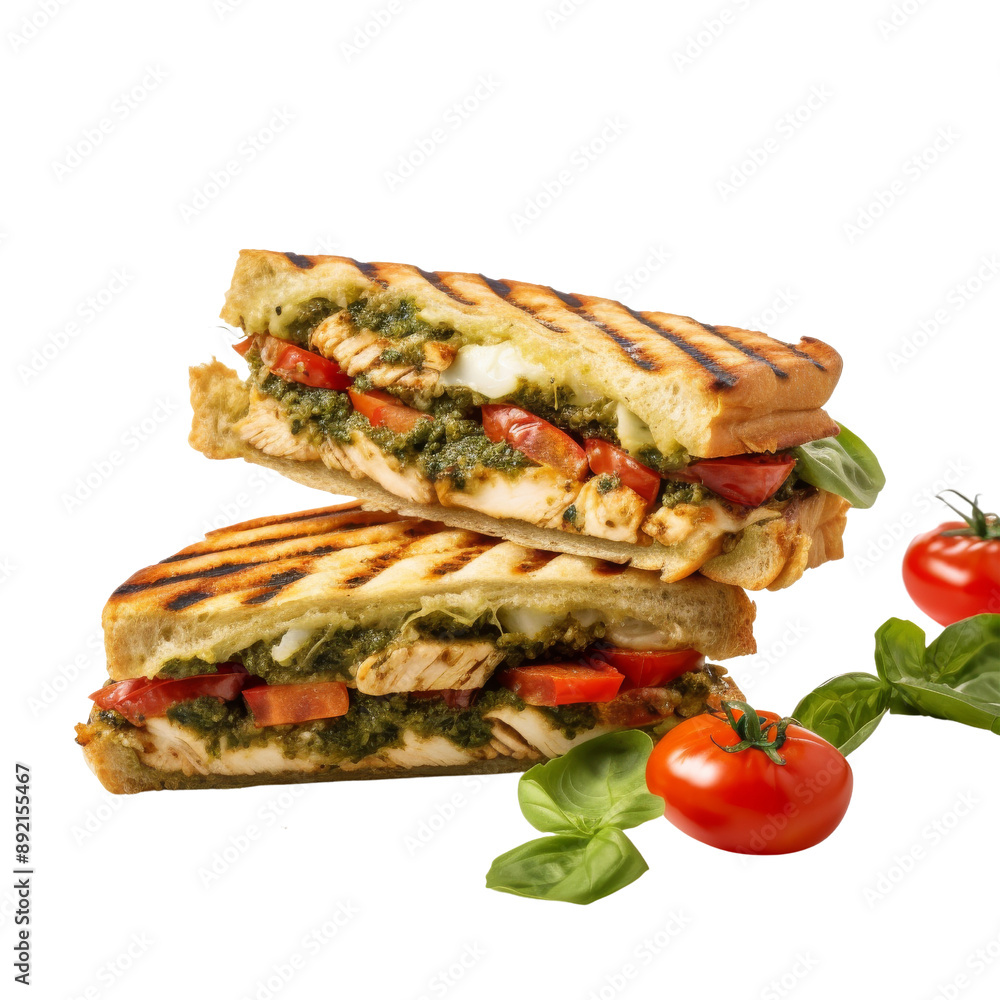 Grilled Pesto Chicken Panini Sandwich Isolated Without Background. Grilled Pesto Chicken Panini Sandwich Isolated Without Background.