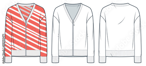 Zipped Cardigan technical fashion illustration, striped design. Sweatshirt fashion technical drawing template, v neck, long sleeve, front back view, white, coral red, women, men, unisex CAD mockup set