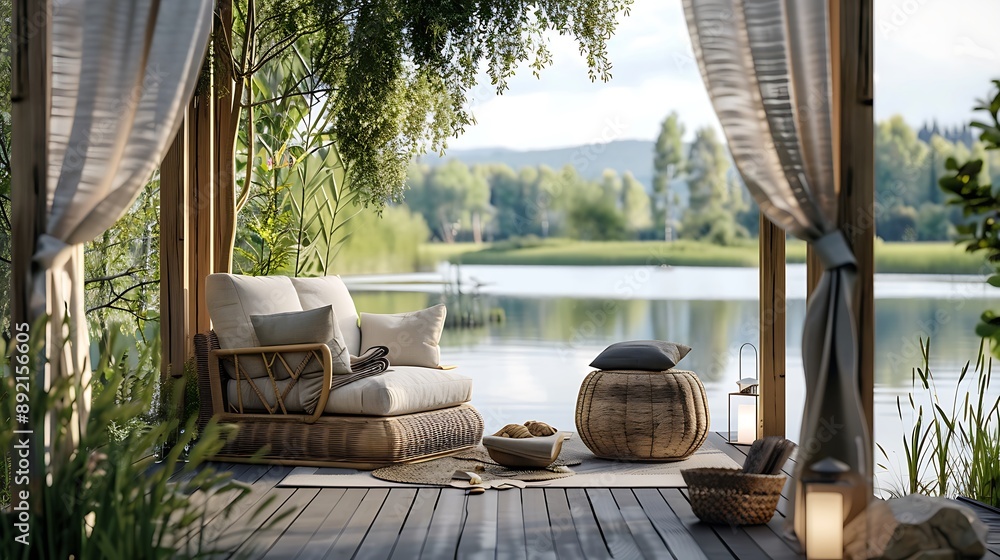 Interior design of summer gazebo by the lake with stylish rattan armchair and elegant accessories in modern decor Interior design of summer gazebo by the lake with stylish rattan armchair and elegant accessories in modern decor