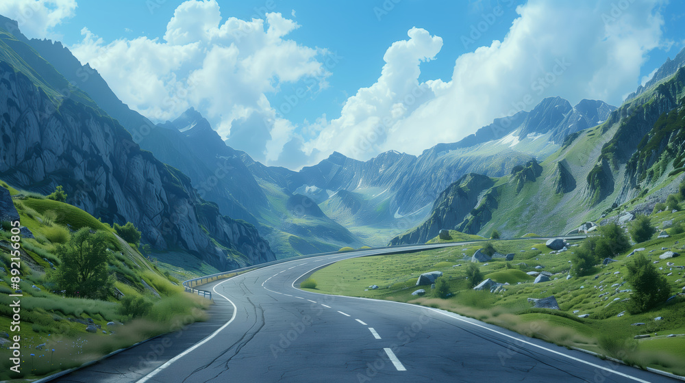 Fototapeta premium Winding Road Through Majestic Mountain Landscape. Illustration of a winding road cutting through a lush, green mountain landscape under a bright blue sky with fluffy clouds.
