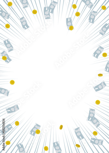集中線背景とお金、コイン、お札が舞い散るフレーム　A4縦