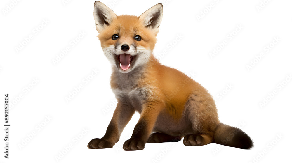 Obraz premium fox vulpes, young fox calls, his mouth is open and he looks straight ahead