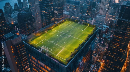 Soccer field on the rooftop of a building in city photo