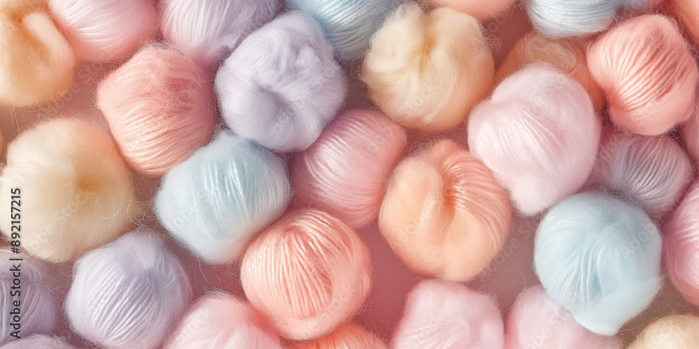 A close-up, pastel-colored mohair yarn balls densely packed to fill the entire canvas, with their silky textures and soft colors clearly visible A close-up, pastel-colored mohair yarn balls densely packed to fill the entire canvas, with their silky textures and soft colors clearly visible