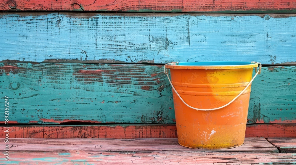 Naklejka premium Vibrant bucket on wooden surface