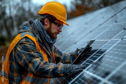 Engineer at hydrogen energy facility with modern gear, solar panels, wind turbines under clear sky