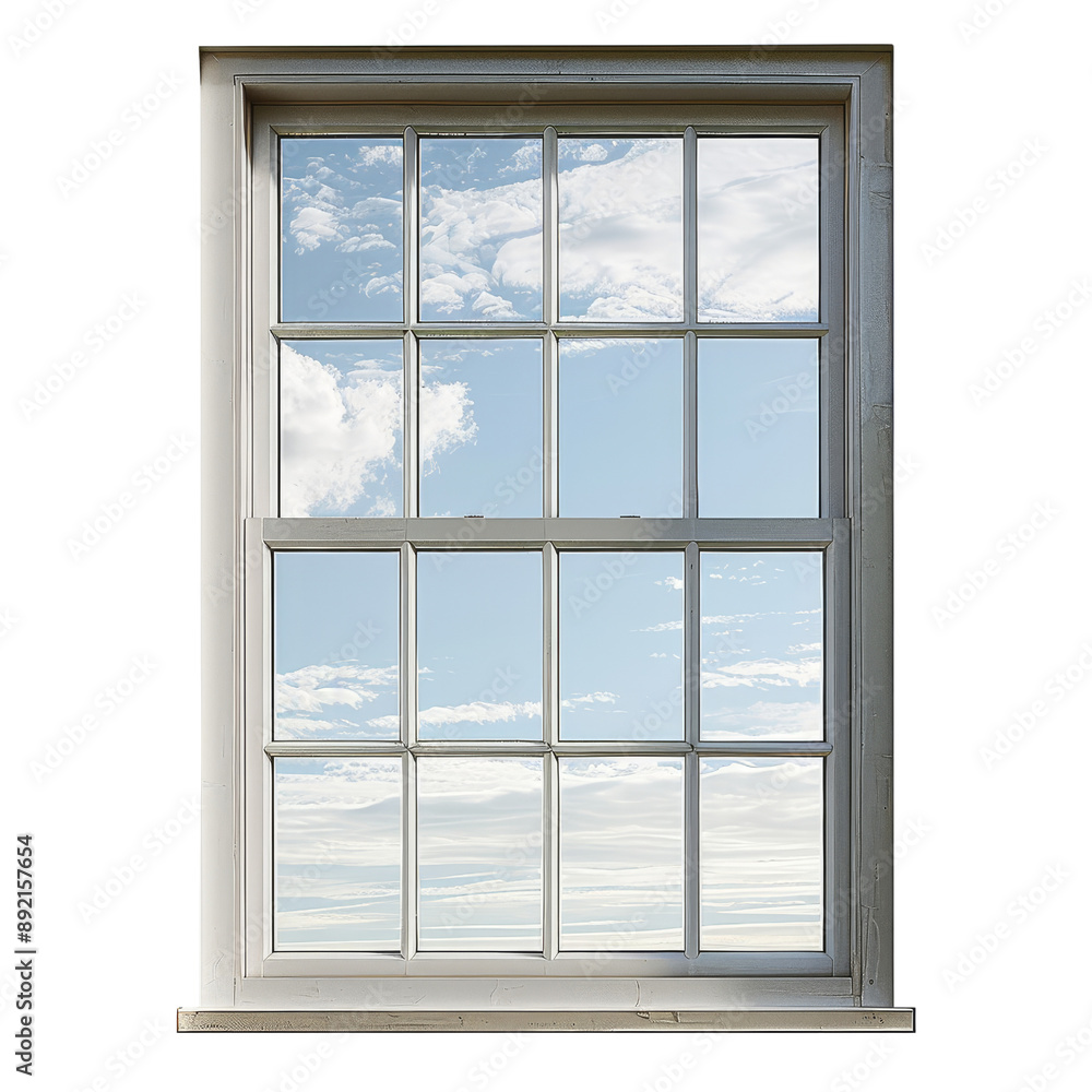 Isolated Window Frame with Glass Panes and Sky Reflection.