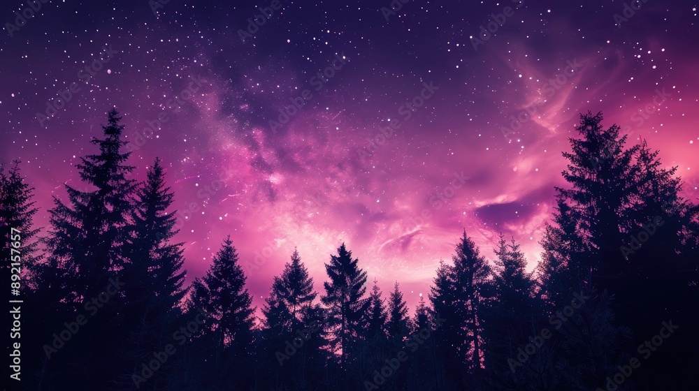 Fototapeta premium Cosmic violet and pink gradient starry sky with forest tree silhouettes, offering an aesthetic and serene phone wallpaper